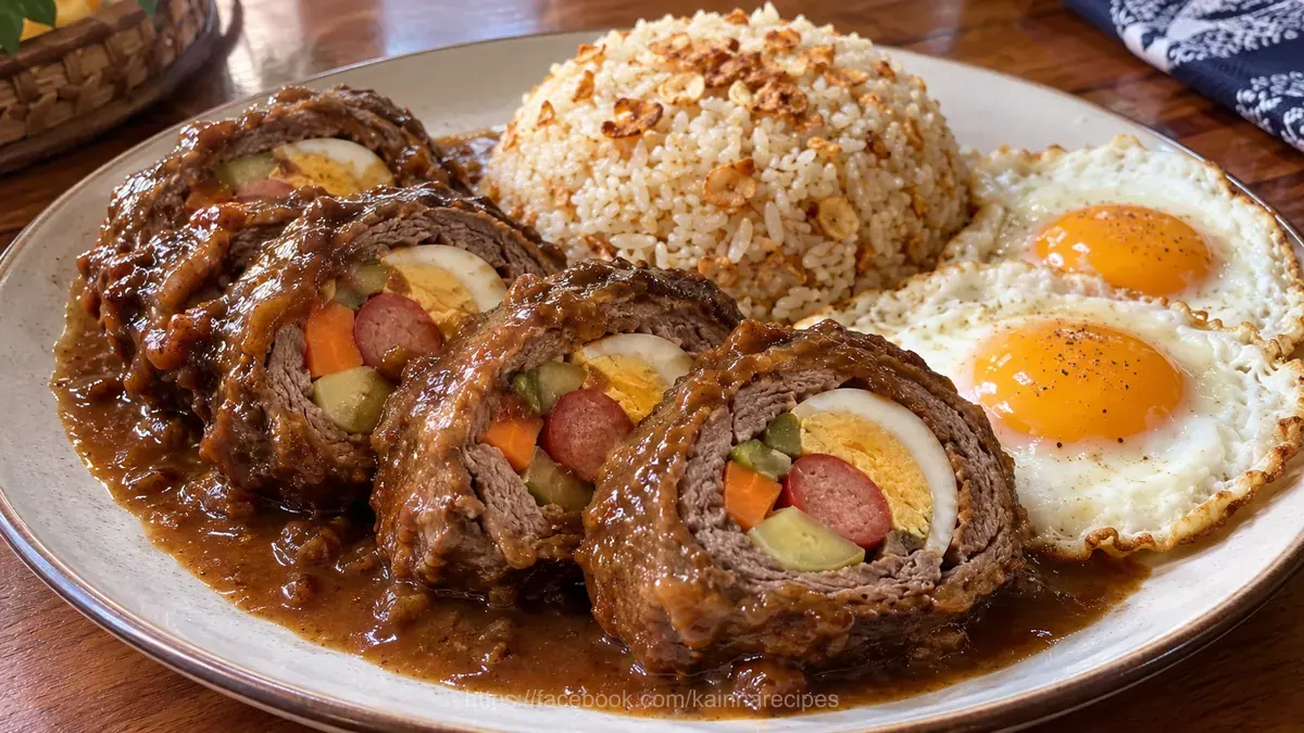 Filipino Beef Morcon with Garlic Fried Rice and Eggs