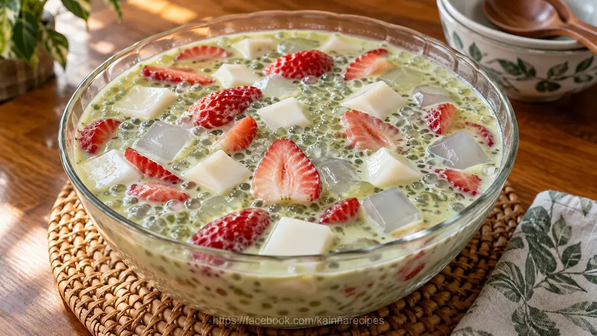 Strawberry Matcha Sago with Nata and Almond Jelly