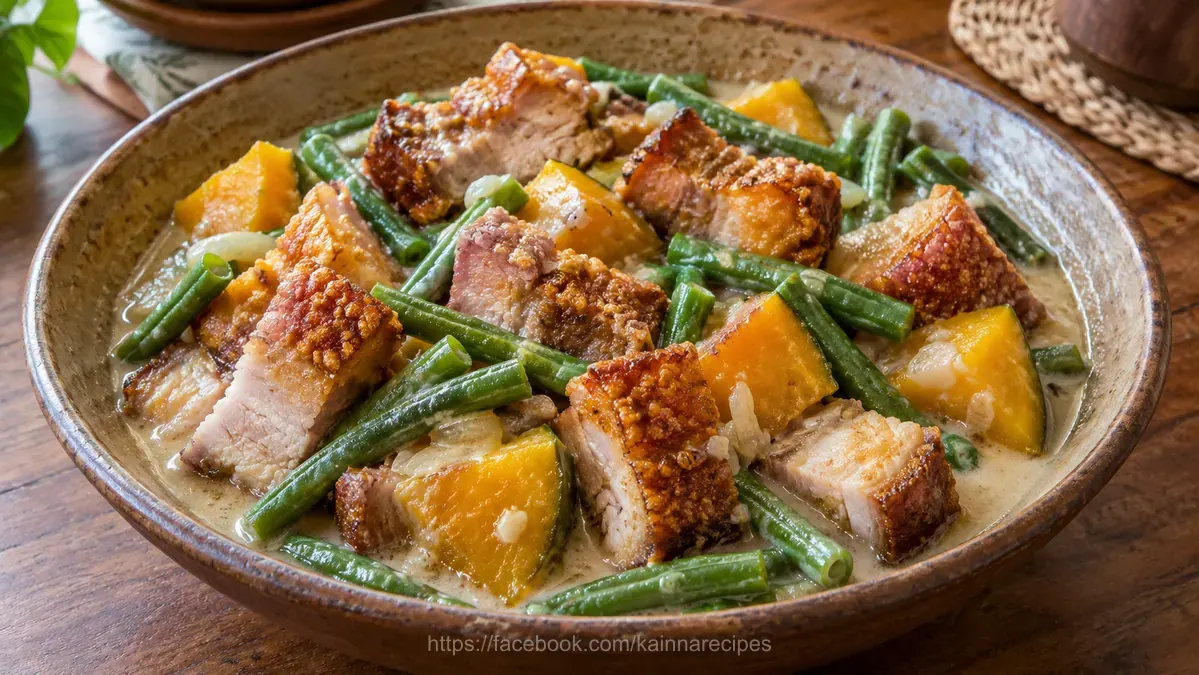 Ginataang Lechon Kawali with Kalabasa and Long Green Beans