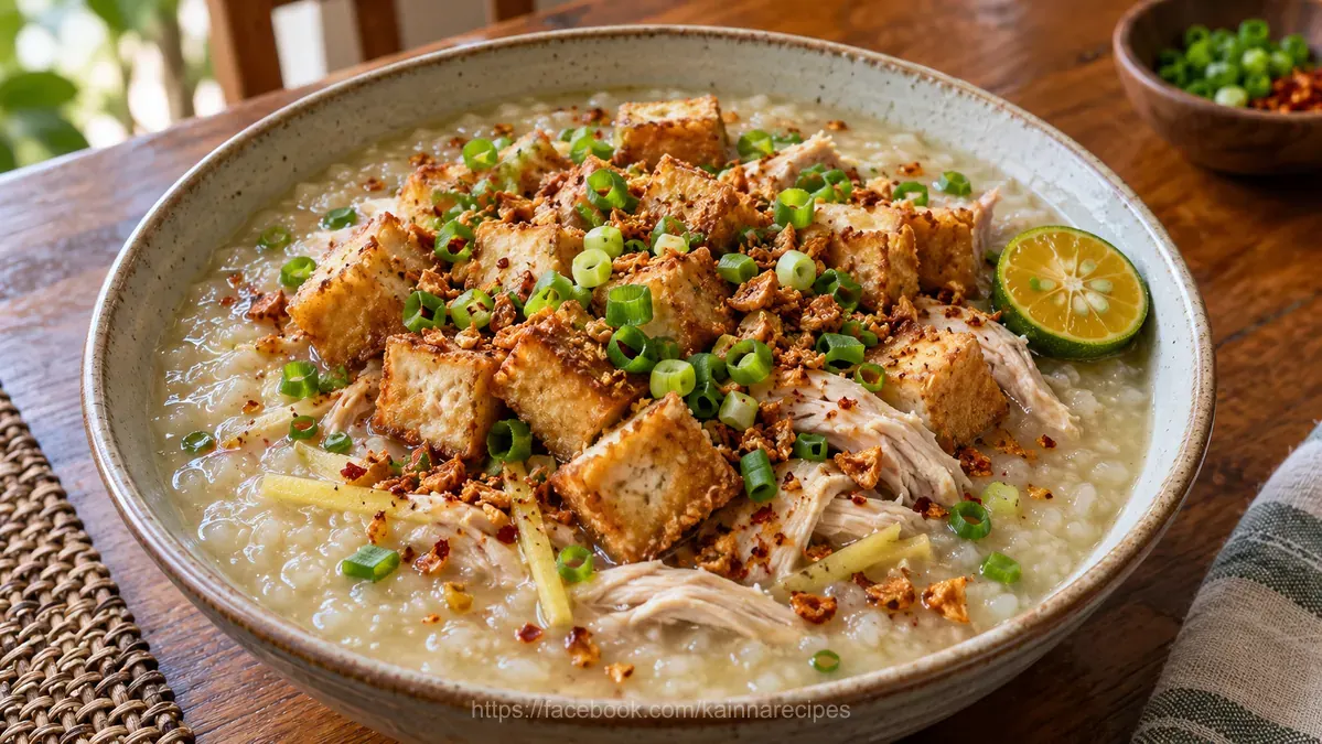 Arroz Caldo with Tokwa (Chicken Congee with Fried Tofu)
