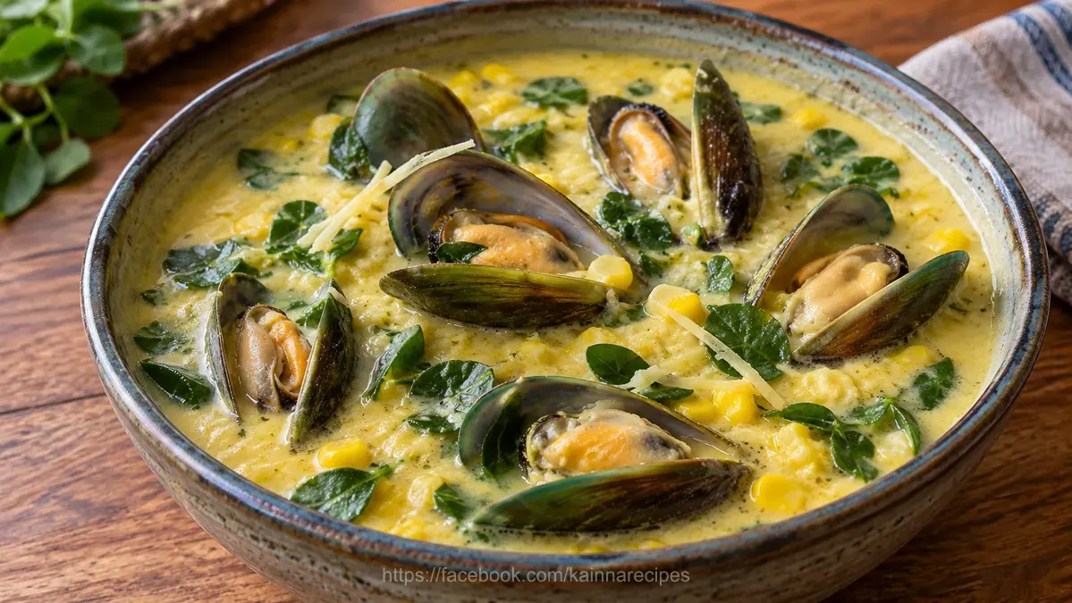 Corn Soup with Mussels and Malunggay