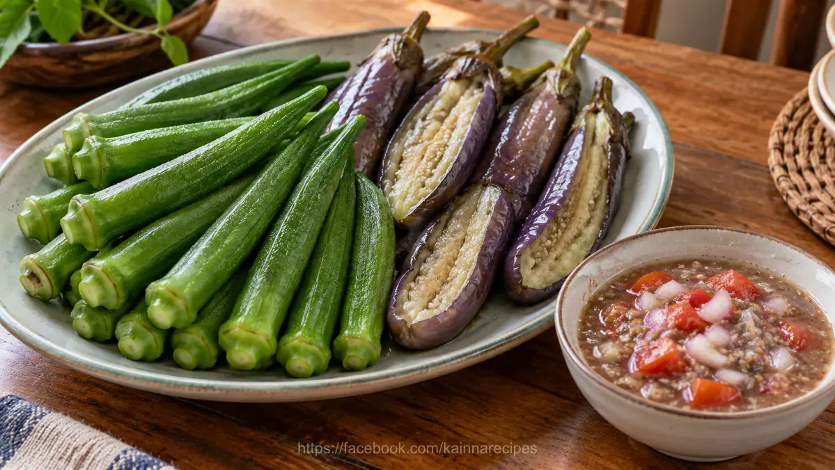 Boiled Okra and Eggplant with Bagoong Dipping Sauce