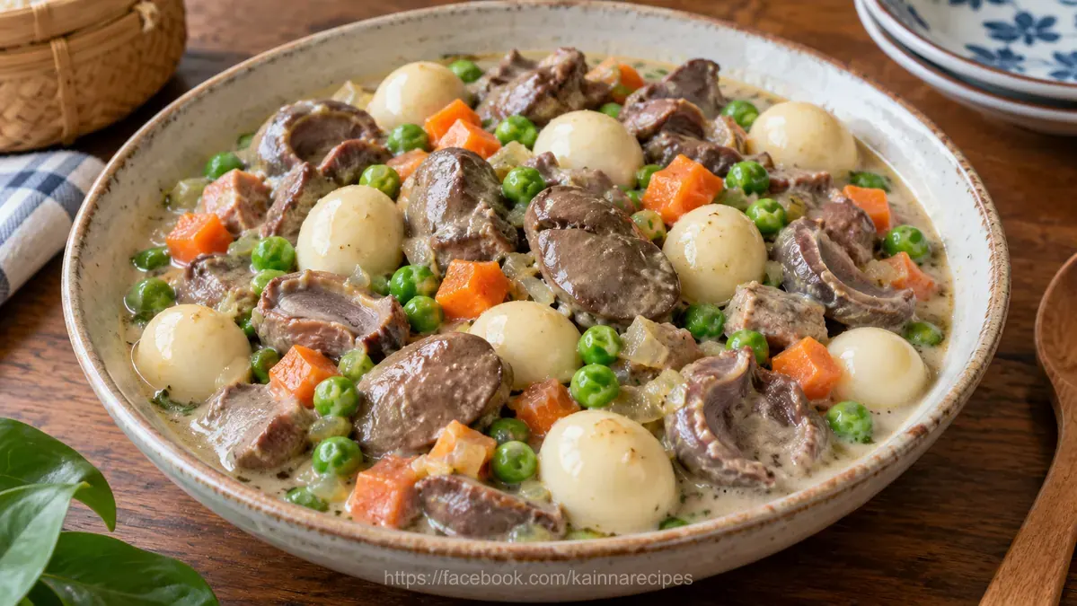 Chicken Liver, Gizzard and Quail Eggs with Green Peas