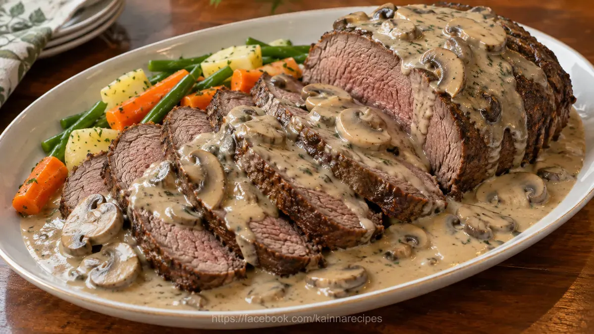 Roast Beef with cream of mushroom sauce- Filipino Style
