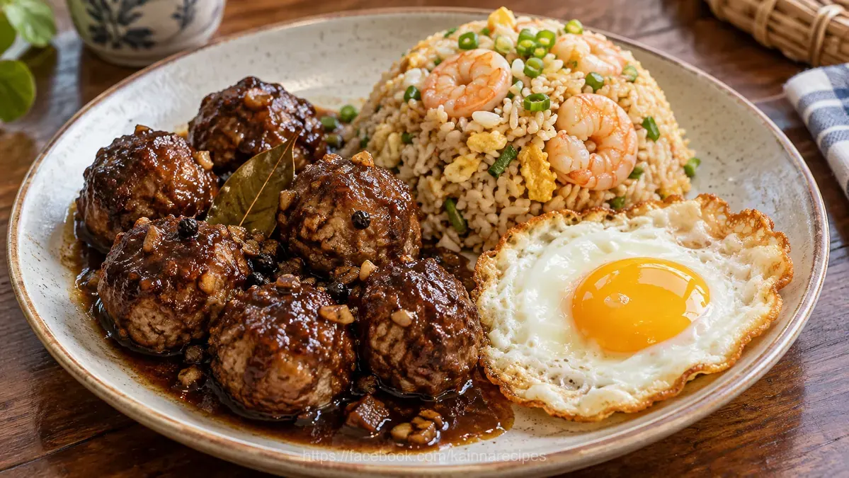 Meatball Adobo with Shrimp Fried Rice and Egg