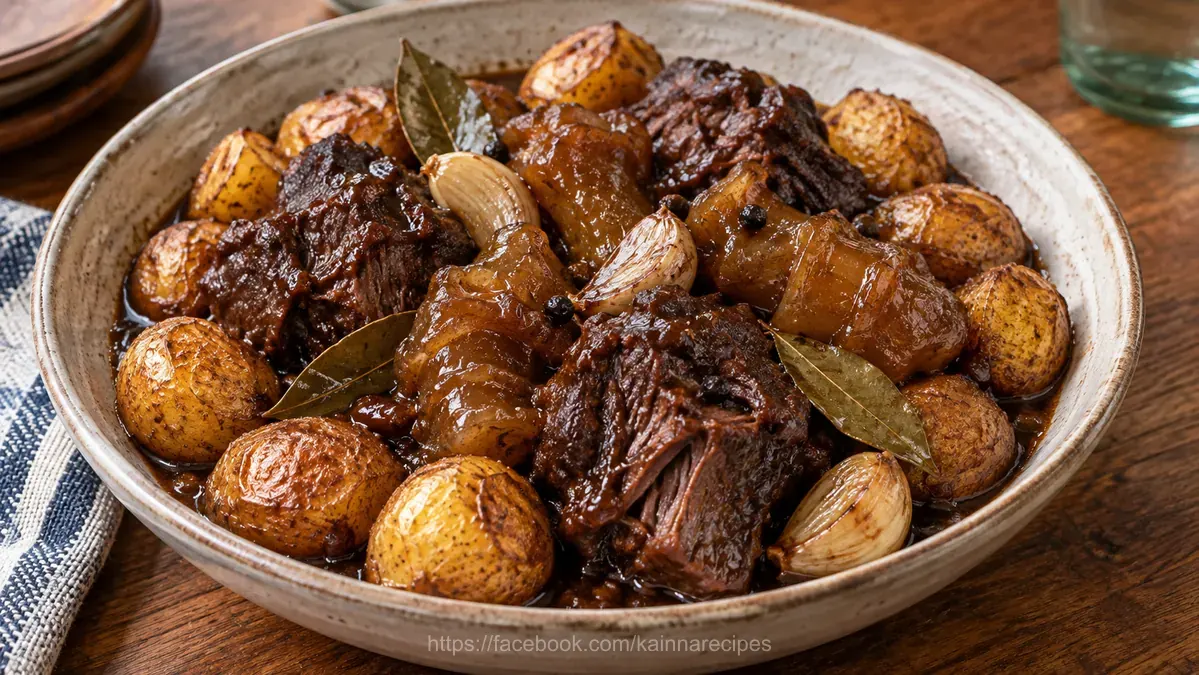 Beef Cheeks and Tendons Adobo with Fried Pearl Potatoes