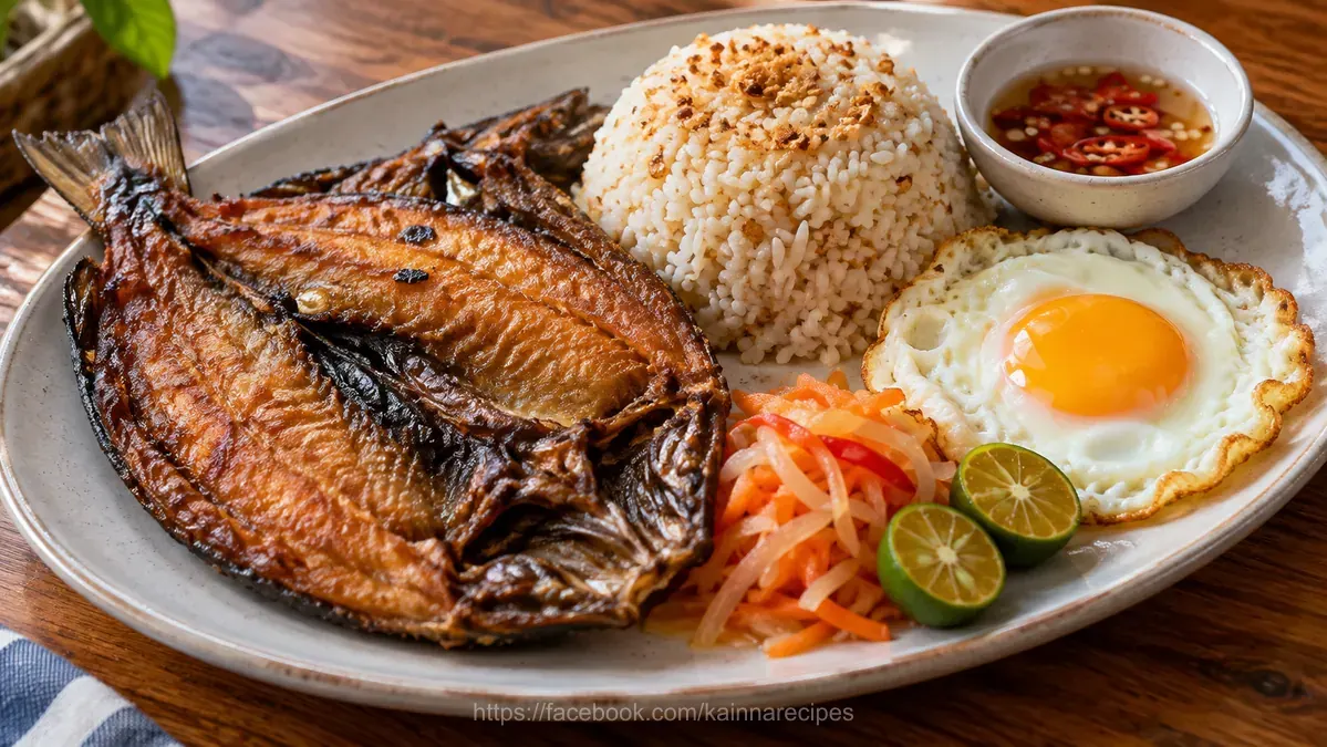 Fried Daing na Bangus with Garlic Fried Rice, Fried Egg, and Pickled Papaya (Daing Silog)