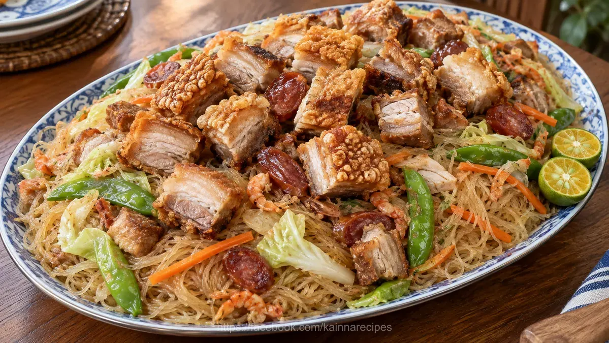Pancit Bihon with Lechon Kawali