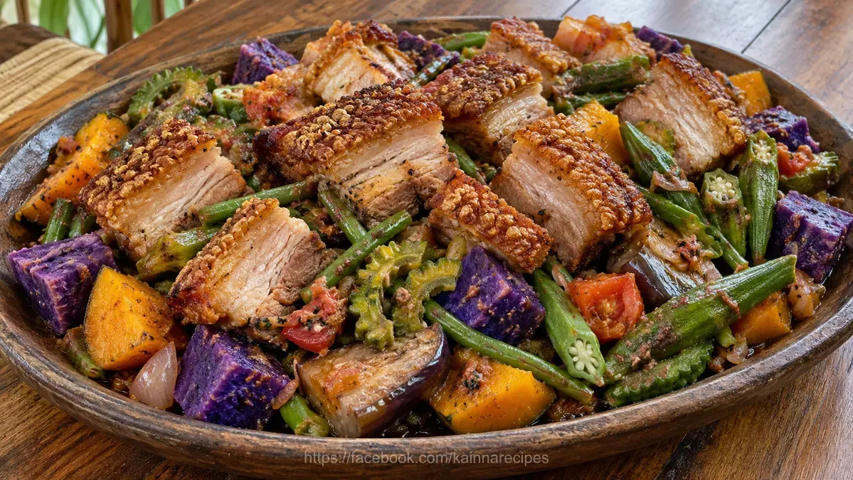 Crispy Air Fried Liempo Pinakbet with Ube