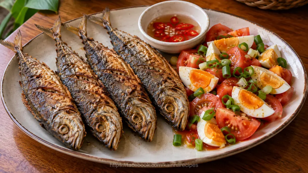 Fried Galunggong with Salted Egg and Tomato Salad