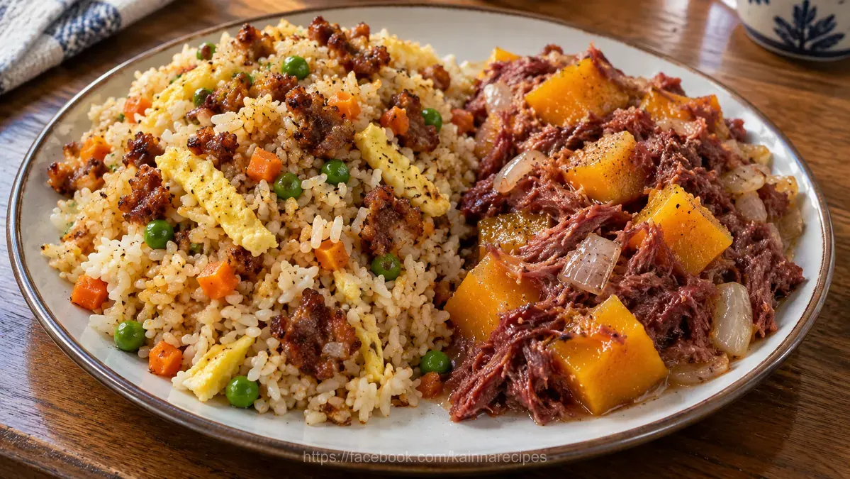 Longanisa Fried Rice and Ginisang Corned Beef with Kalabasa