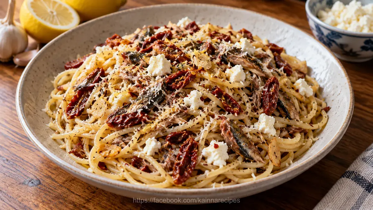 Spicy Tuyo Pasta with Kesong Puti and Sundried Tomatoes