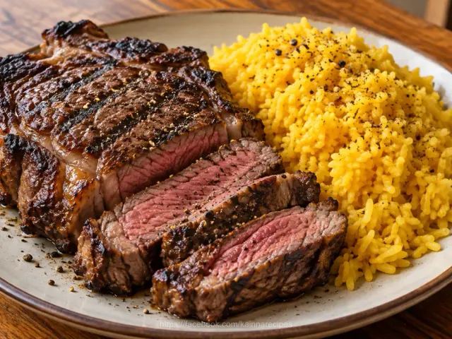 Grilled Rib Eye Steak with Arroz Amarillo